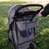 Haustierwagen in blauem Tartanmuster mit Regenabdeckung, praktischer Fronttasche und ergonomischem Griff, ideal für Spaziergänge im Freien