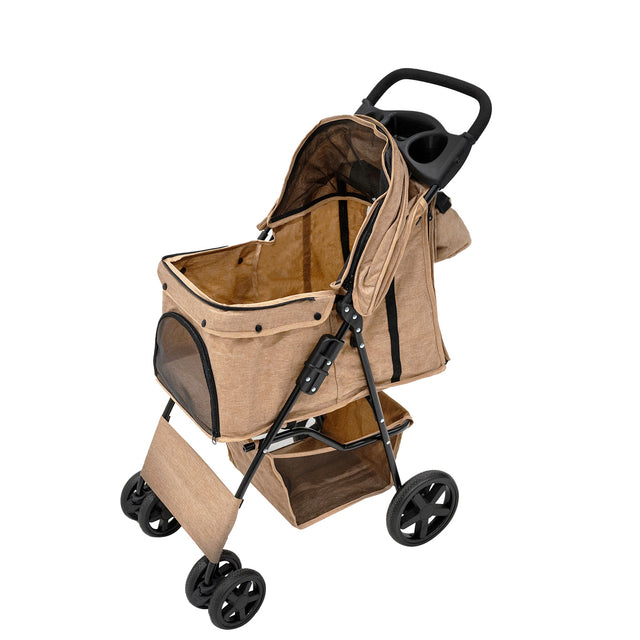 Haustierwagen in gewebtem Beige mit Regenabdeckung, praktischer Fronttasche und stabilen Rädern für komfortable Ausflüge mit Ihrem Haustier