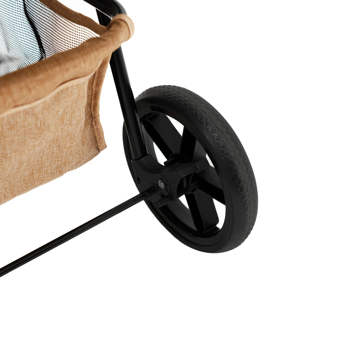 Haustierwagen in gewebtem Beige mit schwarzem Gestell, großen Rädern und praktischer Fronttasche, ideal für Ausflüge mit Haustieren