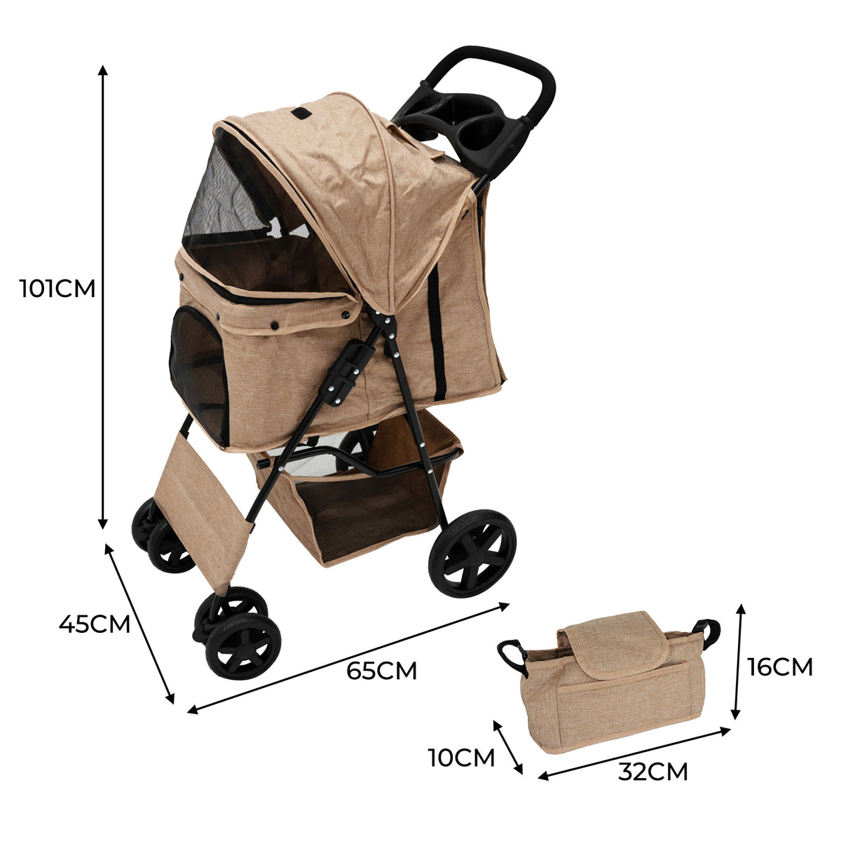 Haustierwagen in gewebtem Beige mit Regenabdeckung, praktischer Fronttasche, stabilen Rädern und komfortablem Griff, ideal für Ausflüge mit Haustieren