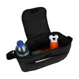 Schwarze Haustierwagen Fronttasche mit Reißverschluss, gefüllt mit einer Wasserflasche, Snacks und einem Spielzeug, aus strapazierfähigem Material