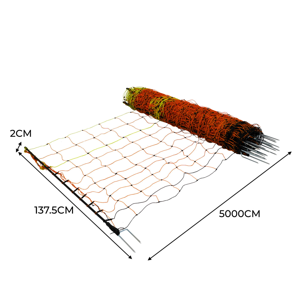 Elektrisches Geflügelnetz in leuchtenden Farben, 5000 cm lang und 137,5 cm hoch, mit stabilen Pfählen für sicheren Einsatz im Freien