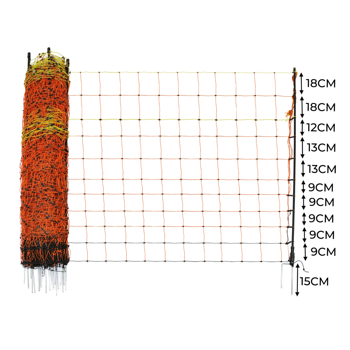Elektrisches Geflügelnetz in orange und schwarz, mit gleichmäßigen Maschen von 9 bis 18 cm, ideal zum Schutz von Hühnern und Geflügelhaltung