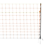 Elektrisches Geflügelnetz in orange und schwarz, mit stabilen Pfosten und Maschen, ideal für die sichere Abgrenzung von Hühnern im Freien