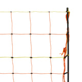 Elektrisches Geflügelnetz in leuchtendem Orange und Gelb, aus robustem Kunststoff, mit stabilen schwarzen Pfosten und gleichmäßigen Maschen für sicheren Schutz