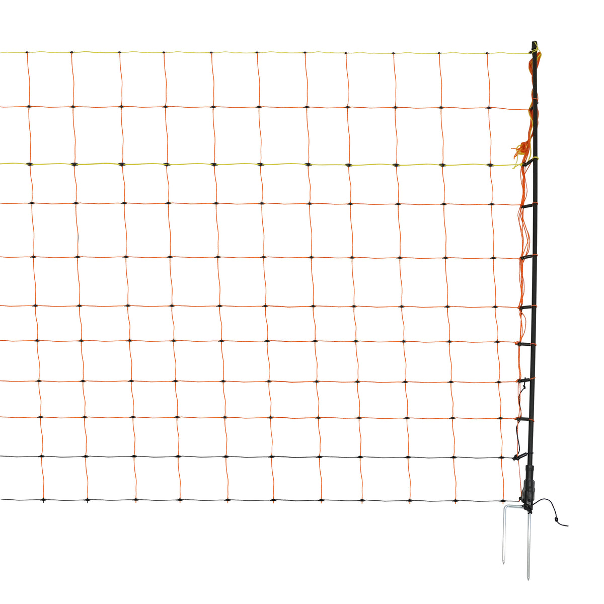 Elektrisches Geflügelnetz in orange und schwarz, mit stabilen Pfosten und isolierten Drähten, ideal zum Schutz von Geflügel und zur Abgrenzung von Bereichen