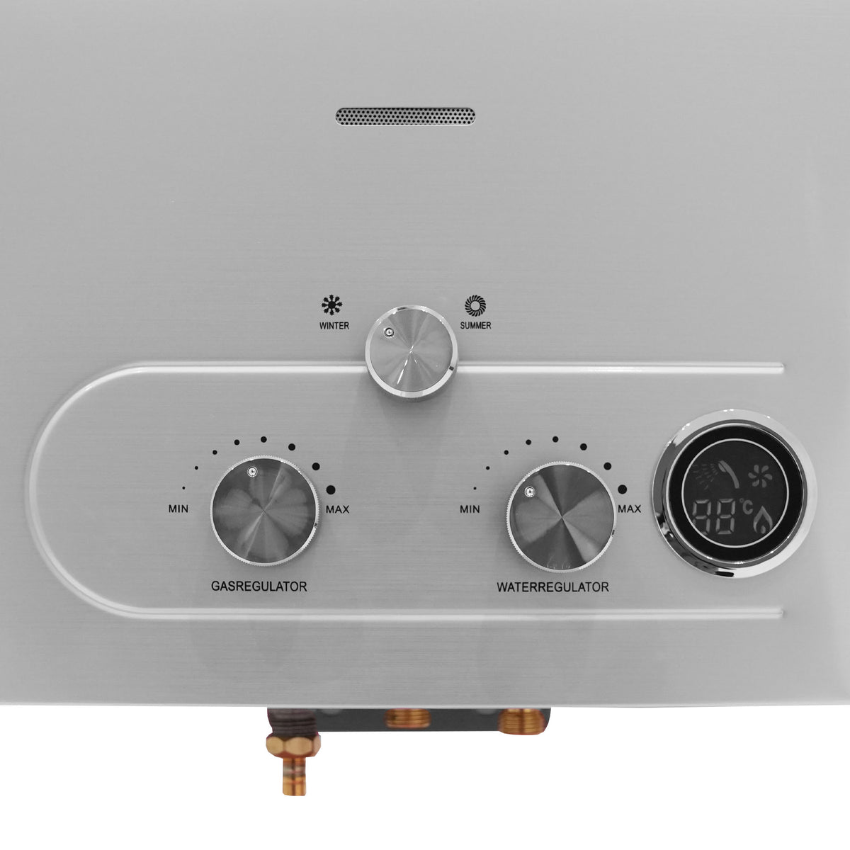 Schwarze tragbare Deluxe-Pferdedusche mit zwei Reglern für Gas und Wasser, digitalem Temperaturdisplay und eleganter, glatter Oberfläche
