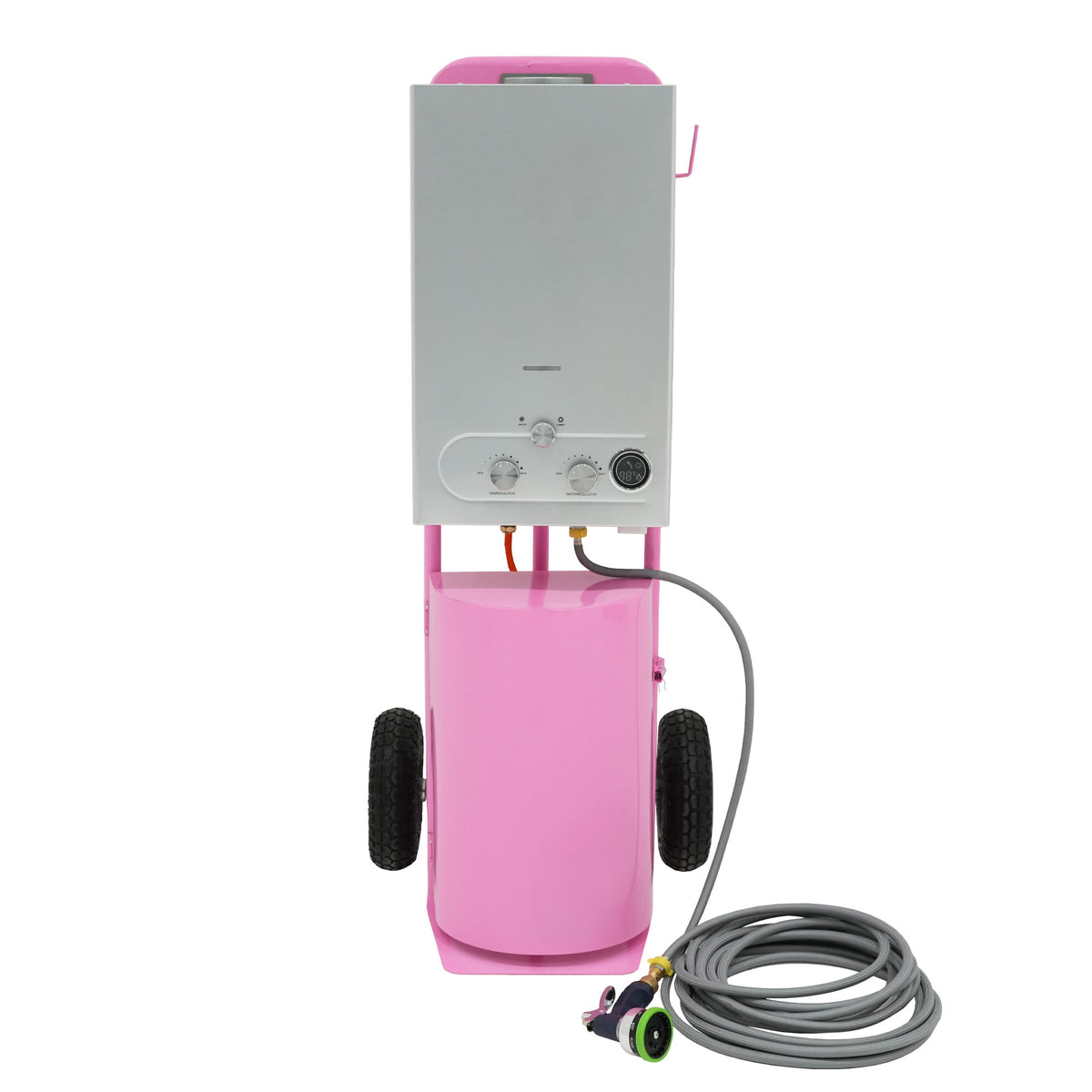 Tragbare Deluxe-Pferdedusche in Rosa mit silberner Steuerung, zwei Wasseranschlüssen und flexibler grauer Schlauch, ideal für die Pferdepflege