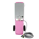 Tragbare Deluxe-Pferdedusche in Rosa mit silberner Steuerung, zwei Wasseranschlüssen und flexibler grauer Schlauch, ideal für die Pferdepflege