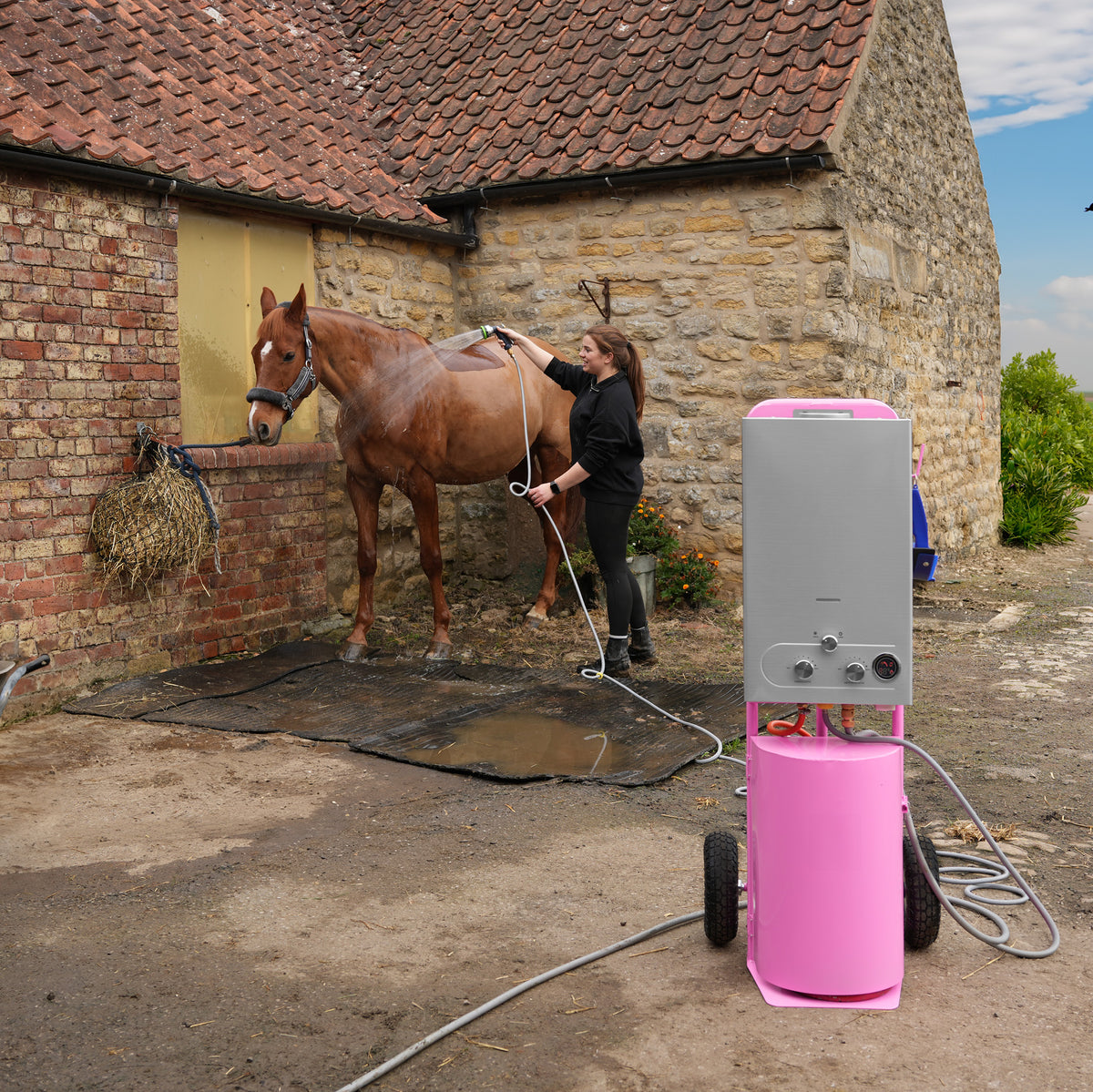 Tragbare Deluxe-Pferdedusche in Rosa, mit einem stabilen Gestell, einem großen Wassertank und einem Pferd, das entspannt gewaschen wird