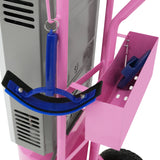 Tragbare Deluxe-Pferdedusche in Rosa mit blauer Halterung, robustem Metallrahmen und praktischen Aufbewahrungsfächern für Zubehör