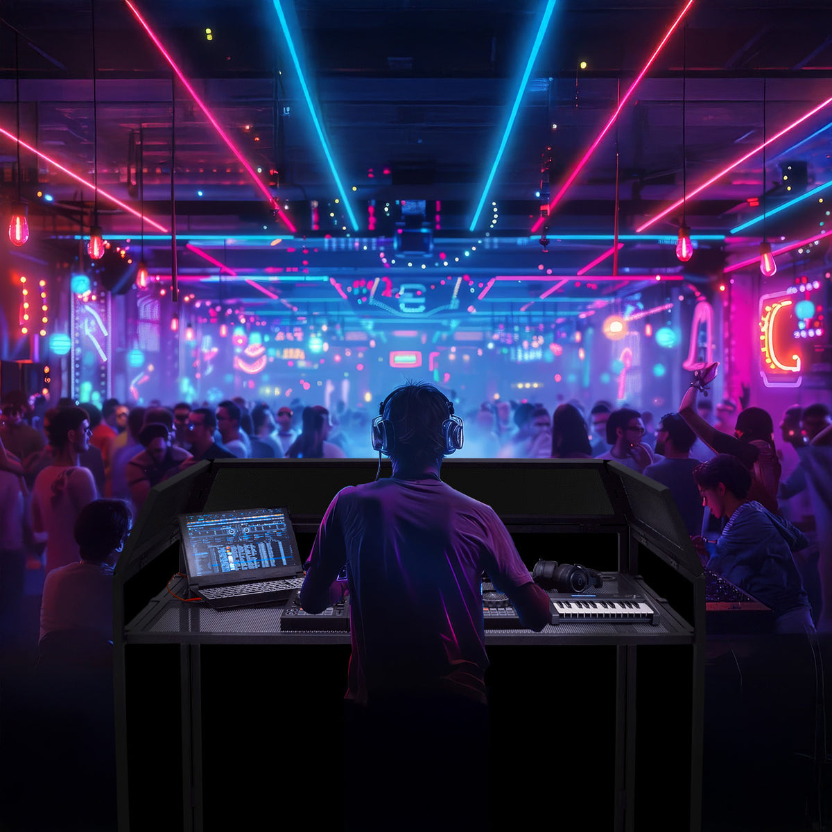 Moderne DJ Disco Booth Kabine mit schwarzem Gehäuse, beleuchtet von bunten Neonlichtern, im Hintergrund eine tanzende Menschenmenge in einer lebhaften Clubatmosphäre