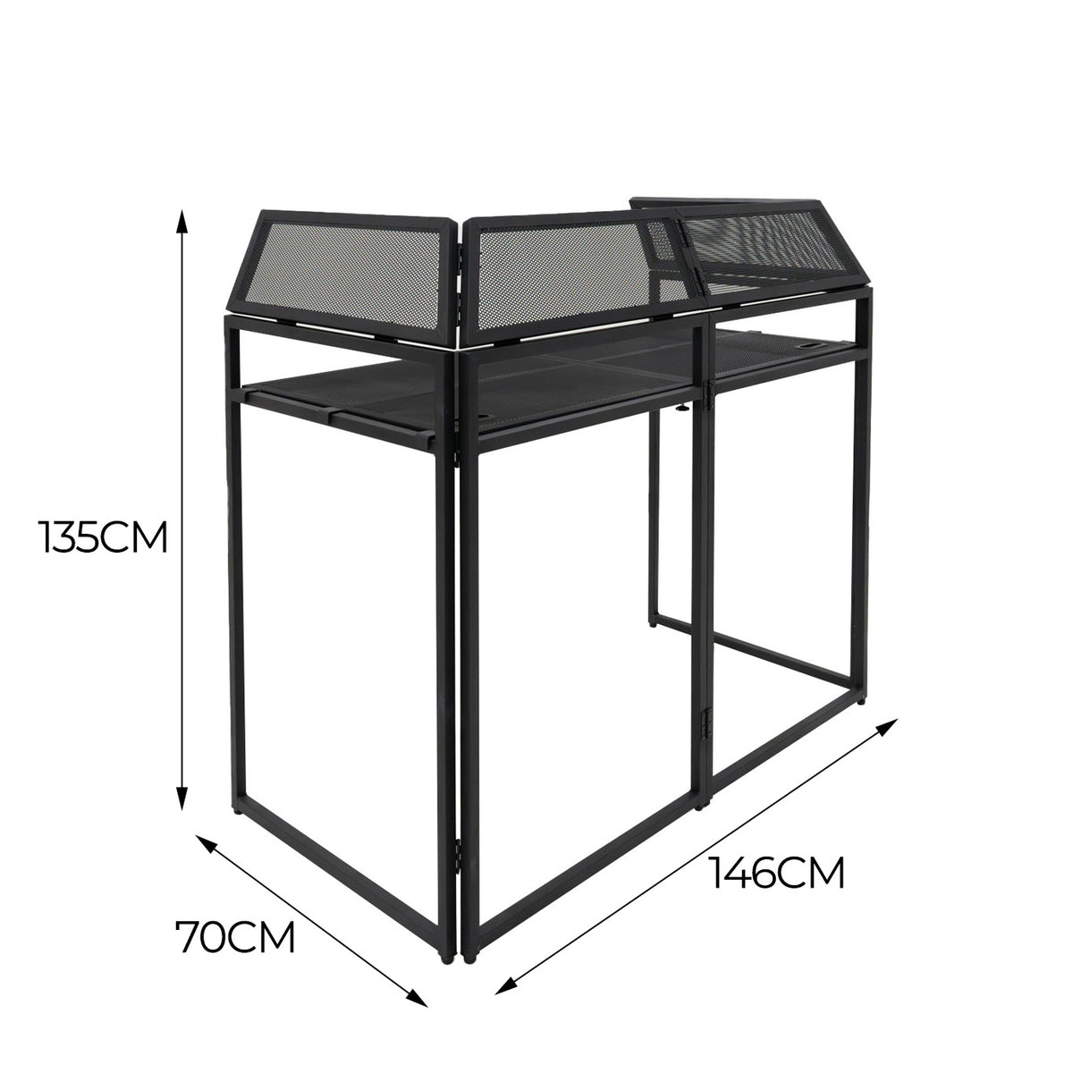 Schwarze DJ Disco Booth Kabine mit einem stabilen Metallrahmen, Mesh-Elementen und einer Höhe von 135 cm, ideal für Veranstaltungen und Partys