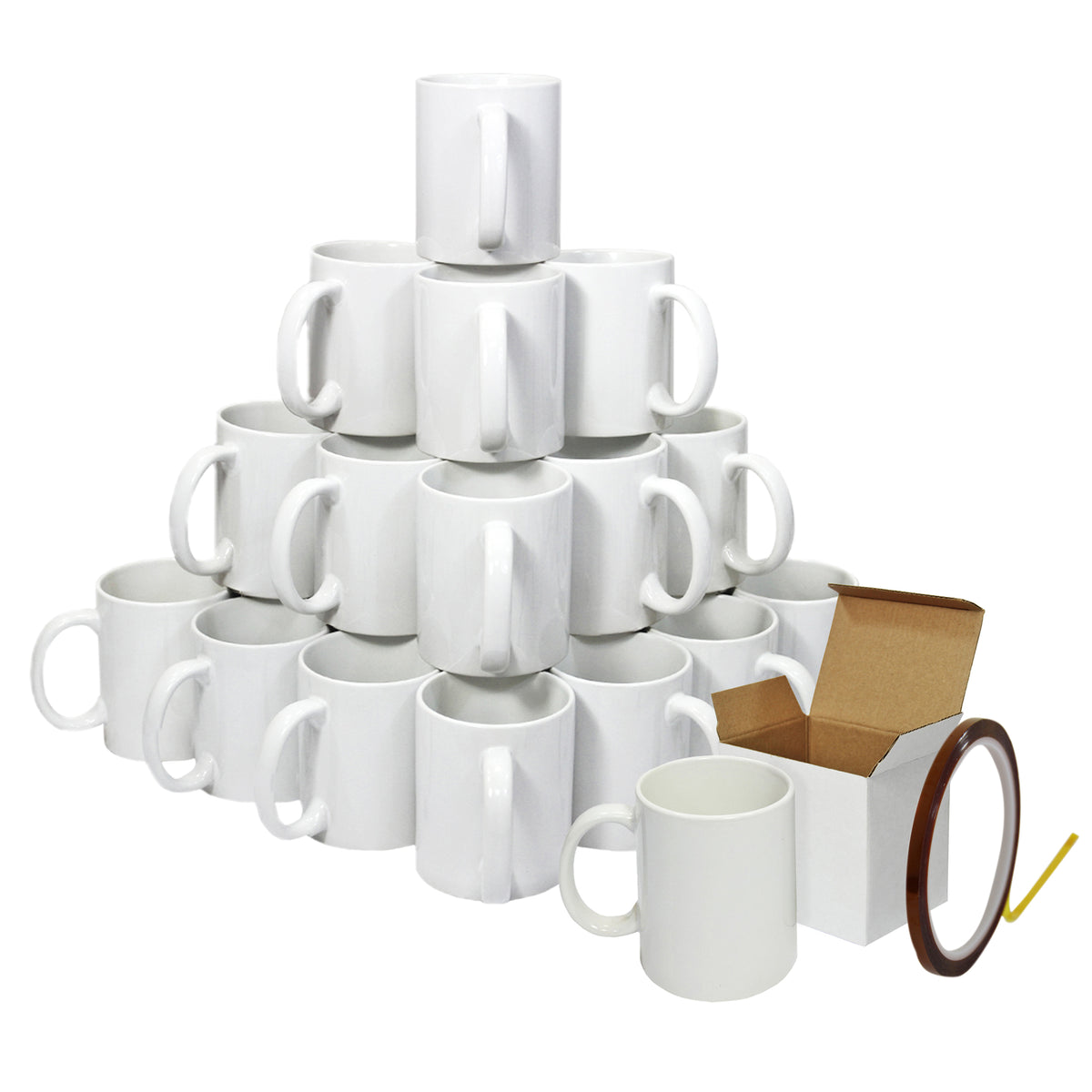 36 weiße Sublimationsbecher in einer pyramidenförmigen Anordnung, umgeben von Kartons und einer Heizbandrolle, ideal für personalisierte Designs