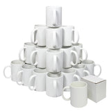 72 weiße Sublimationsbecher in verschiedenen Positionen, umgeben von einer kleinen weißen Box, ideal für personalisierte Geschenke und kreative Projekte