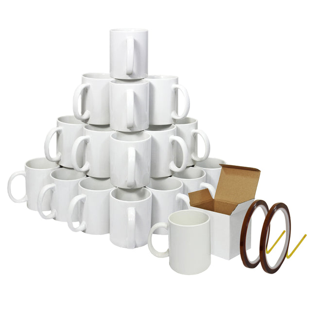 72 weiße Sublimationsbecher in verschiedenen Positionen, umgeben von Kartons und Heizbandrollen, ideal für personalisierte Designs und Geschenke