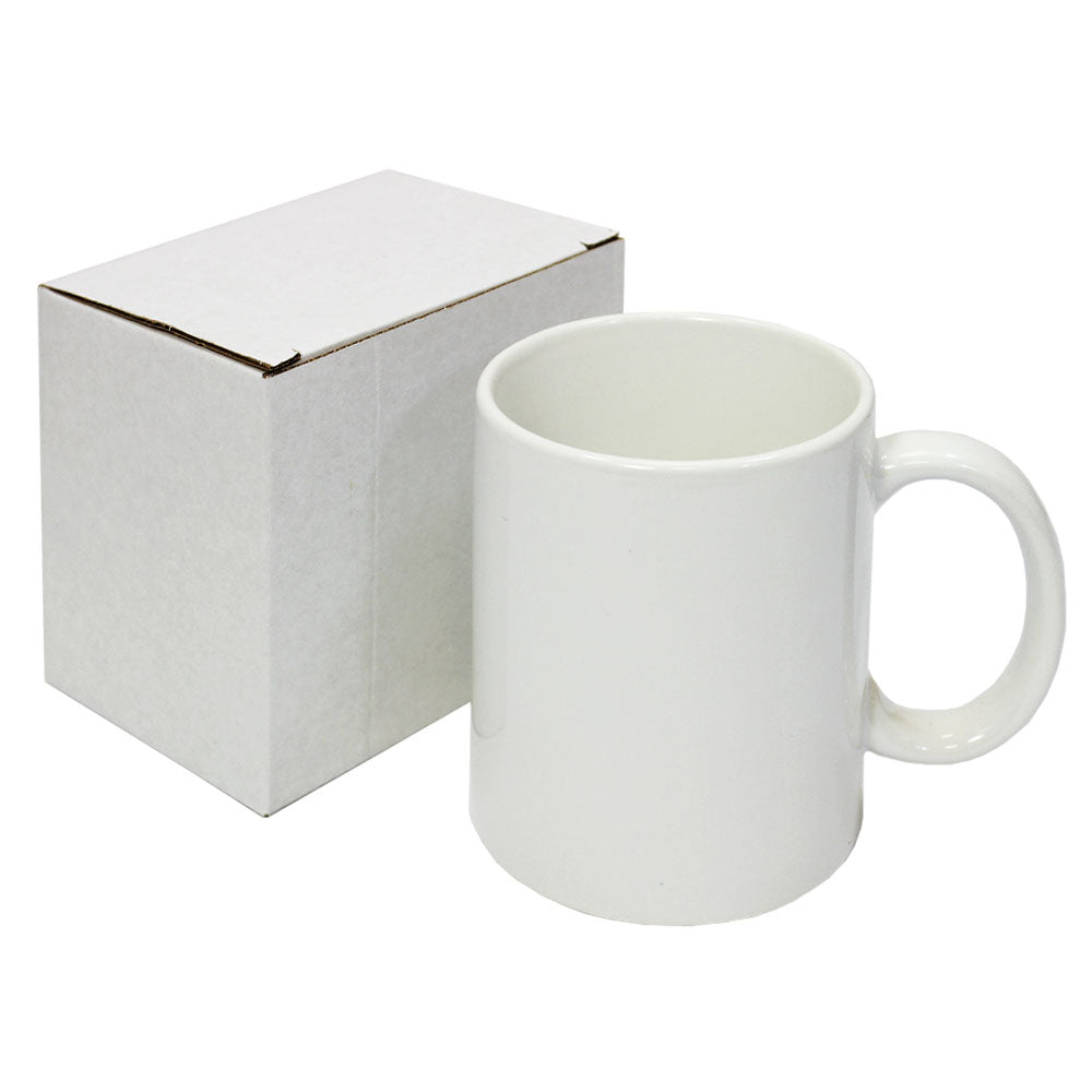 72 weiße Sublimationsbecher, glänzende Keramik, neben einer weißen Verpackungsbox, ideal für personalisierte Designs und Geschenke