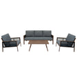 Elegante 4-teilige Aluminium-Sofagarnitur mit grauen Polstern und einem Tisch aus Holz, ideal für den Außenbereich und gemütliche Zusammenkünfte