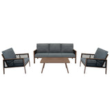 Elegante 4-teilige Aluminium-Sofagarnitur mit grauen Polstern und einem Tisch aus Holz, ideal für den Außenbereich und gemütliche Zusammenkünfte