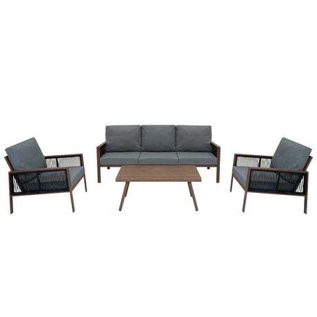 Elegante 4-teilige Aluminium-Sofagarnitur mit grauen Polstern und einem Tisch aus Holz, ideal für den Außenbereich und gemütliche Zusammenkünfte