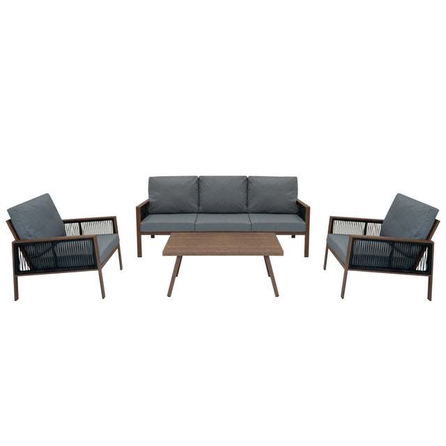 Elegante 4-teilige Aluminium-Sofagarnitur mit grauen Polstern und einem Tisch aus Holz, ideal für den Außenbereich und gemütliche Zusammenkünfte