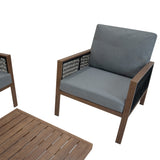Vierteilige Aluminium-Sofagarnitur mit grauen Polstern und Holzrahmen, modernem Design und eleganten, offenen Netzdetails für stilvolle Außenbereiche