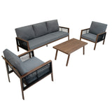 Elegante 4-teilige Aluminium-Sofagarnitur mit grauen Polstern, schwarzer Rattan-Aufbewahrungsbox und einem modernen Holztisch, ideal für den Außenbereich
