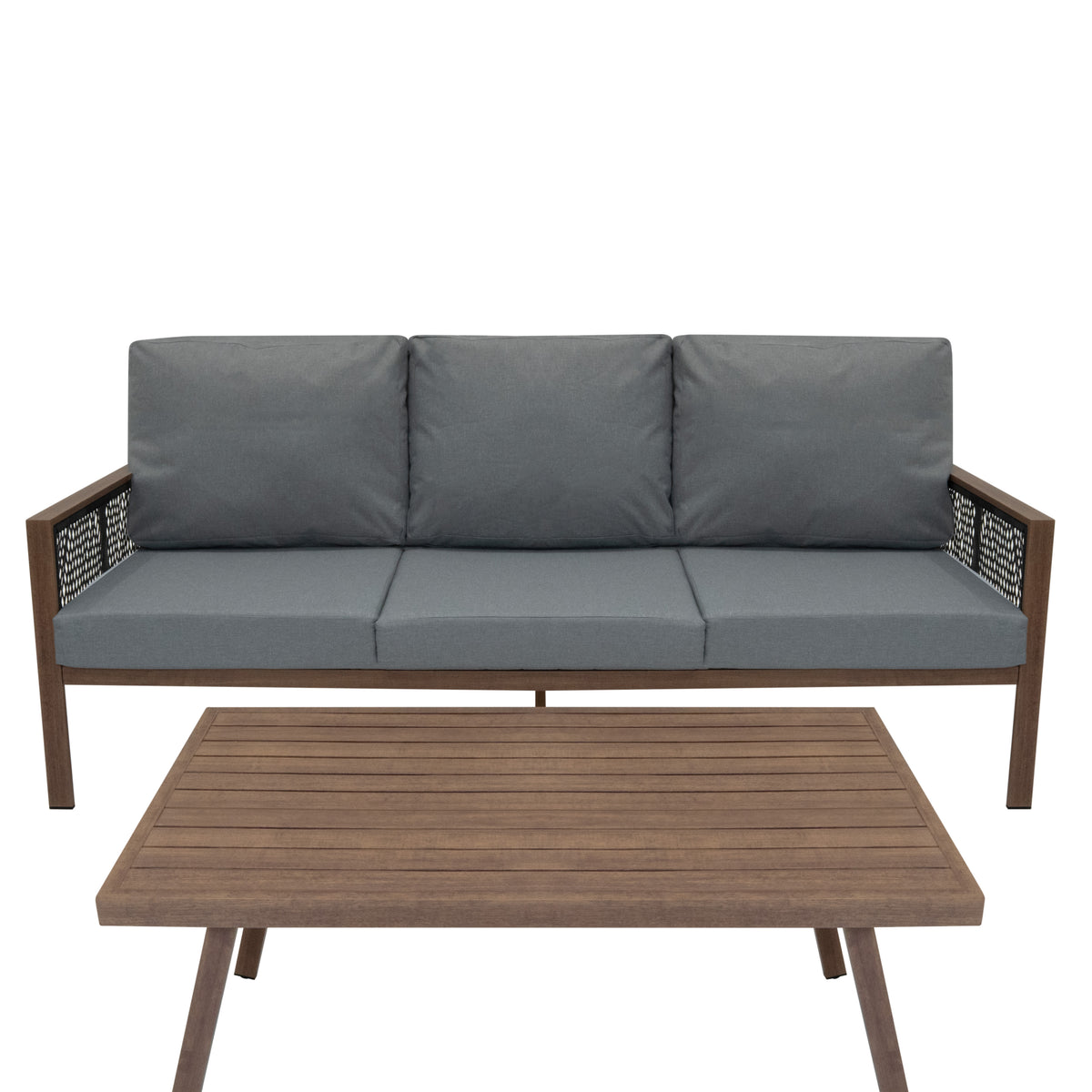 Vielseitige 4-teilige Aluminium-Sofagarnitur in Holzoptik mit grauen Polstern und einem eleganten, rechteckigen Tisch aus Holz mit Streifenmuster