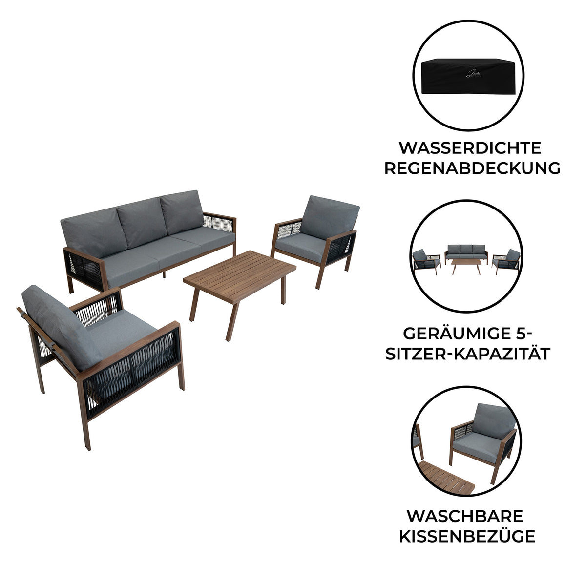 Vielseitige 4-teilige Aluminium-Sofagarnitur in Holzoptik mit grauen, waschbaren Kissen und einem eleganten Tisch, ideal für den Außenbereich