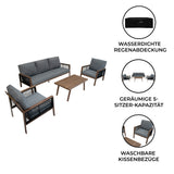 Vielseitige 4-teilige Aluminium-Sofagarnitur in Holzoptik mit grauen, waschbaren Kissen und einem eleganten Tisch, ideal für den Außenbereich