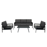 Vierteilige Aluminium-Sofagarnitur in Anthrazitgrau mit bequemen Polstern, modernen Linien und einem eleganten Tisch, ideal für den Außenbereich