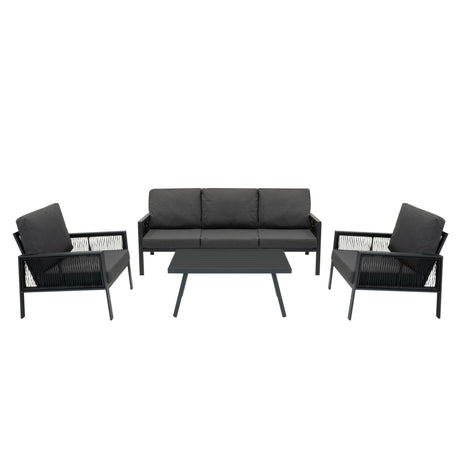 Vierteilige Aluminium-Sofagarnitur in Anthrazitgrau mit bequemen Polstern, modernen Linien und einem eleganten Tisch, ideal für den Außenbereich