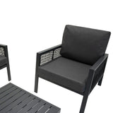4-teilige Aluminium-Sofagarnitur in Anthrazitgrau mit gepolsterten Sitzflächen und modernem, luftigen Design, ideal für den Außenbereich