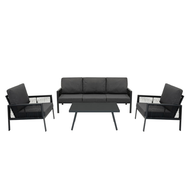 Elegante 4-teilige Aluminium-Sofagarnitur in Anthrazitgrau mit bequemen Kissen und schwarzer Rattan-Aufbewahrungsbox, ideal für den Außenbereich