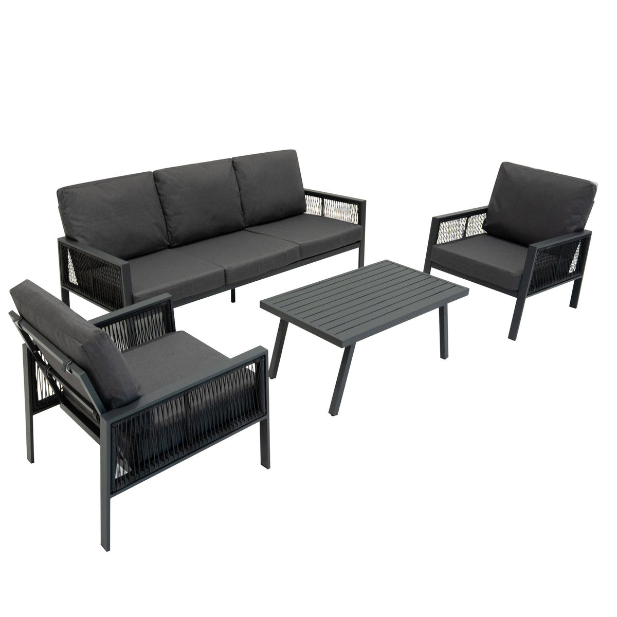 4-teilige Aluminium-Sofagarnitur in Anthrazitgrau mit bequemen Polstern, modernem Design und einem eleganten, schlanken Tisch aus Aluminium