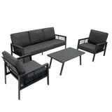 4-teilige Aluminium-Sofagarnitur in Anthrazitgrau mit bequemen Polstern, modernem Design und einem eleganten, schlanken Tisch aus Aluminium