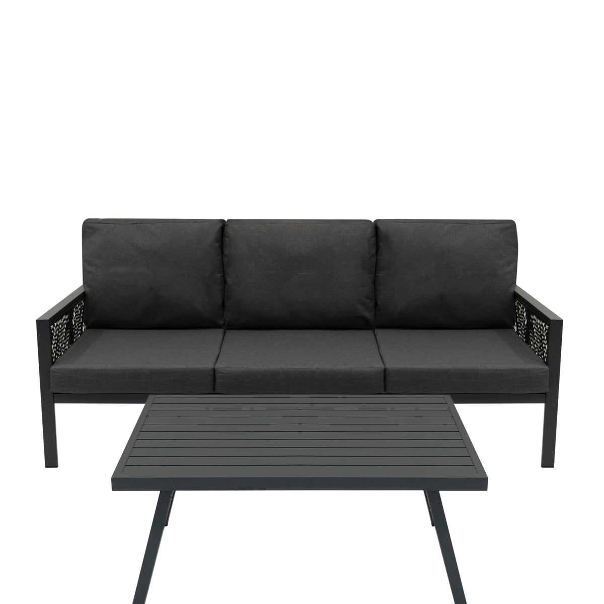 4-teilige Aluminium-Sofagarnitur in Anthrazitgrau mit bequemen Kissen und einem modernen, minimalistischen Tisch mit horizontalen Lamellen