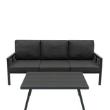 4-teilige Aluminium-Sofagarnitur in Anthrazitgrau mit bequemen Kissen und einem modernen, minimalistischen Tisch mit horizontalen Lamellen