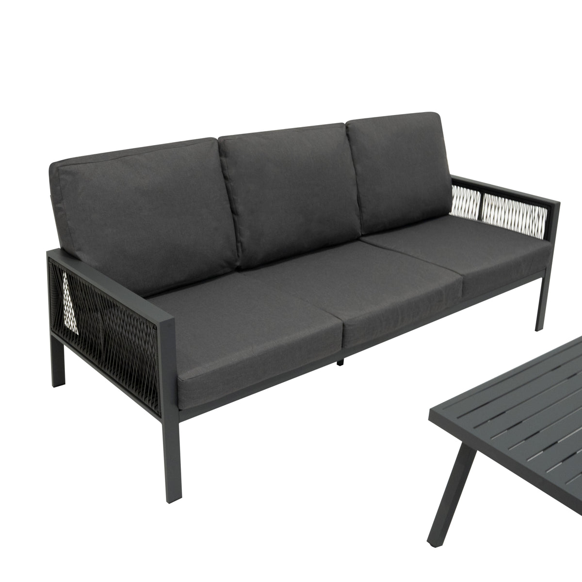 4-teilige Aluminium-Sofagarnitur in Anthrazitgrau mit bequemen Kissen, eleganter Netzstruktur und modernem Design, ideal für den Außenbereich