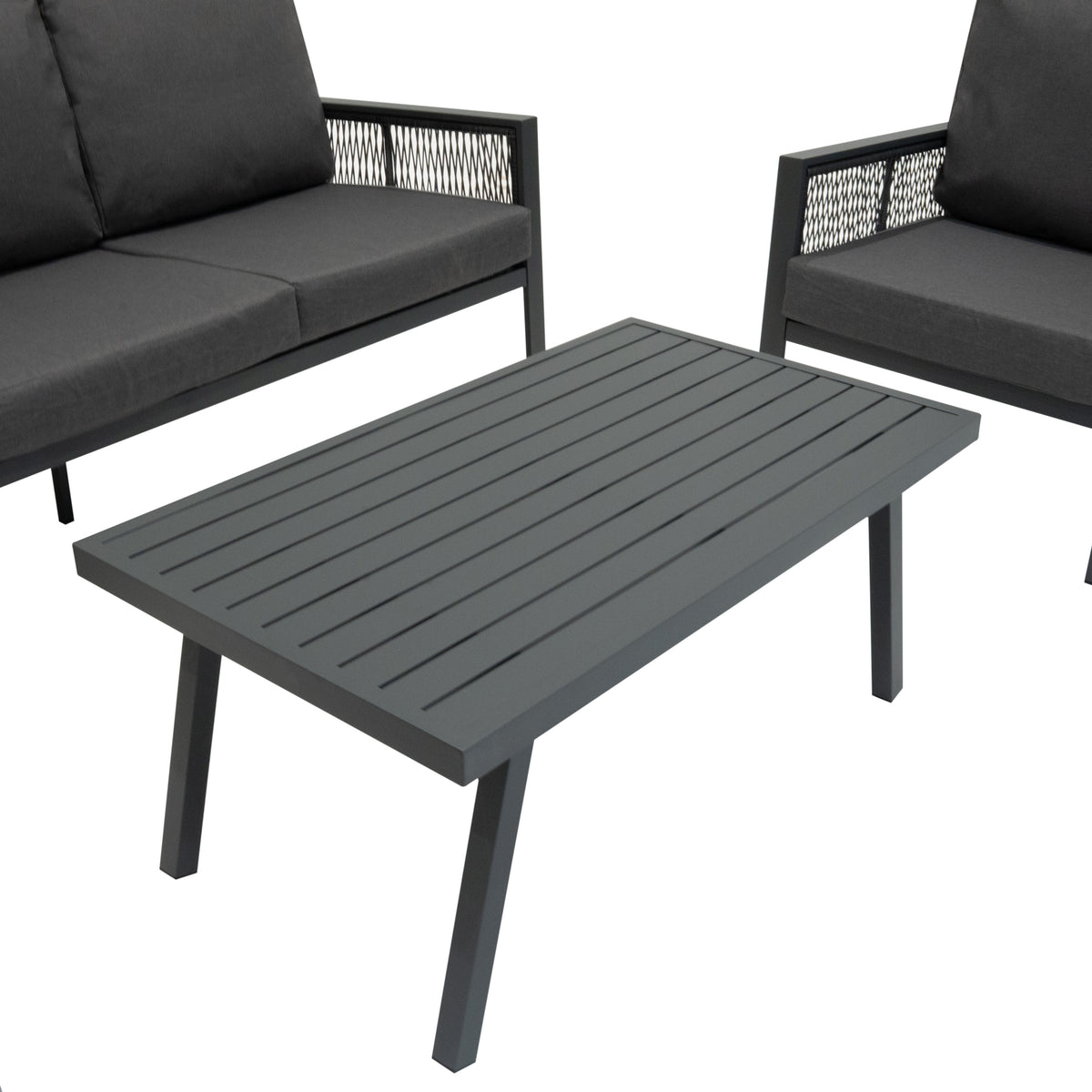 4-teilige Aluminium-Sofagarnitur in Anthrazitgrau mit zwei bequemen Sesseln und einem modernen, schlanken Tisch mit horizontalen Lamellen