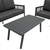 4-teilige Aluminium-Sofagarnitur in Anthrazitgrau mit zwei bequemen Sesseln und einem modernen, schlanken Tisch mit horizontalen Lamellen