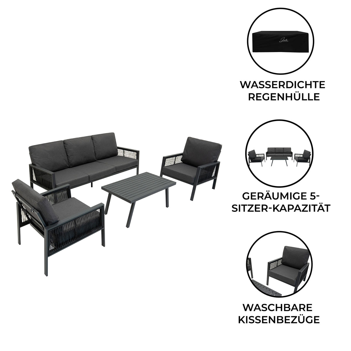 4-teilige Aluminium-Sofagarnitur in Anthrazitgrau mit bequemen Kissen, wetterfester Regenhülle und modernem, minimalistischen Design