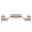 Moderne 4-teilige Aluminium-Sofagarnitur in Weiß mit beigen Kissen, bestehend aus einem Sofa und zwei Sesseln, ergänzt durch einen eleganten Tisch