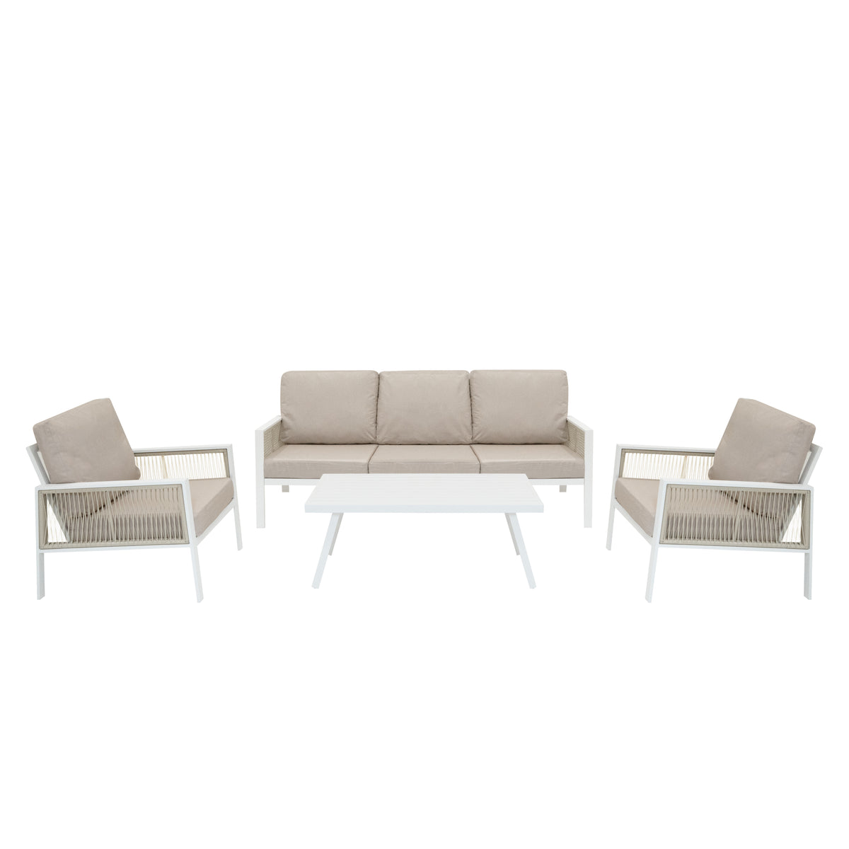 Moderne 4-teilige Aluminium-Sofagarnitur in Weiß mit beigen Kissen, bestehend aus einem Sofa und zwei Sesseln, ergänzt durch einen eleganten Tisch