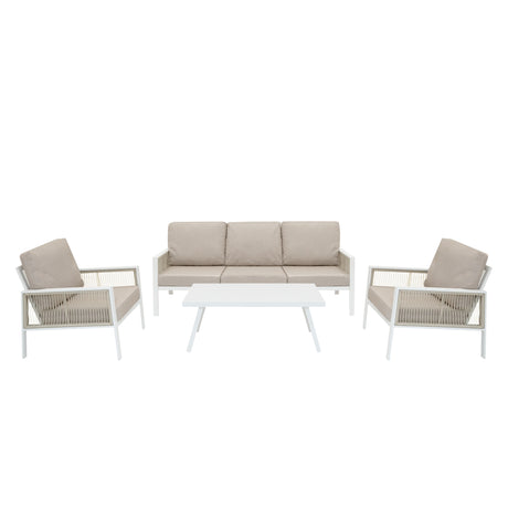 Moderne 4-teilige Aluminium-Sofagarnitur in Weiß mit beigen Kissen, bestehend aus einem Sofa und zwei Sesseln, ergänzt durch einen eleganten Tisch