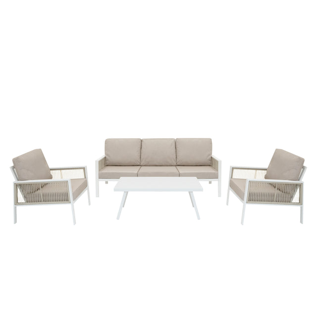 Moderne 4-teilige Aluminium-Sofagarnitur in Weiß mit beigen Kissen, bestehend aus einem Sofa und zwei Sesseln, ergänzt durch einen eleganten Tisch