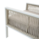 Elegante 4-teilige Aluminium-Sofagarnitur in Weiß mit beigem Polster und geflochtenen Details, ideal für stilvolle Außenbereiche