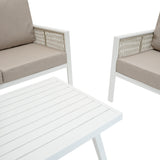 Vierteilige Aluminium-Sofagarnitur in Weiß mit beigen Kissen, modernem Design und geflochtenen Seiten, ideal für den Außenbereich