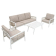 4-teilige Sofagarnitur aus Aluminium in Weiß mit beigen Polstern und einer schwarzen Rattan-Aufbewahrungsbox, ideal für den Außenbereich