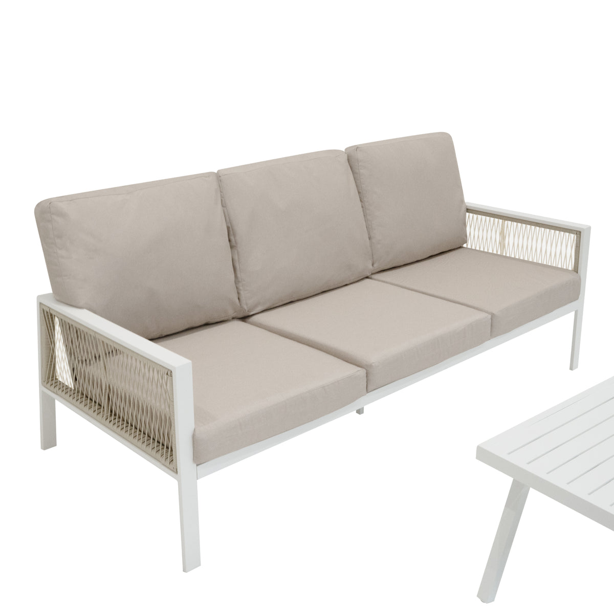 Vierteilige Aluminium-Sofagarnitur in Weiß mit beigen Kissen, elegantes Design, geflochtene Seiten, ideal für den Außenbereich
